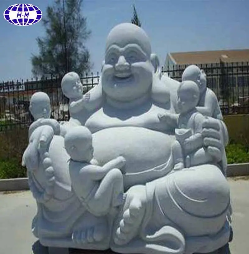 Grande pietra di marmo bianco ridere statua di buddha con i bambini