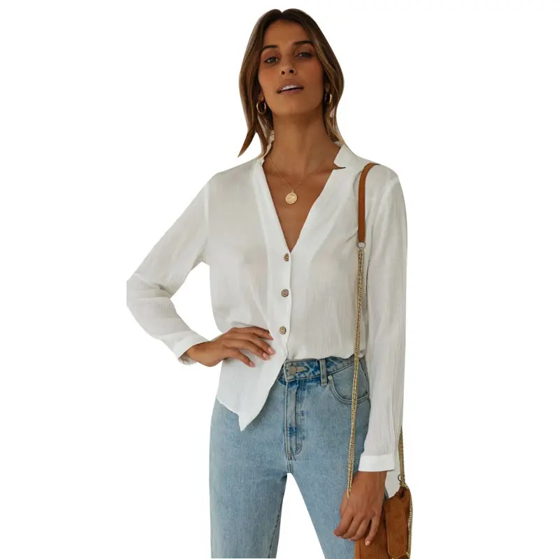 Camiseta blanca lisa con cuello en V para mujer, camisas de manga larga con botones para mujer, Sexy