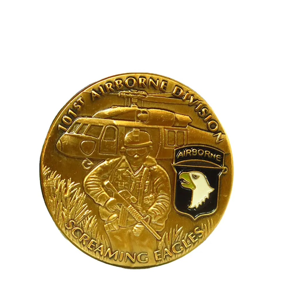 Division-Logo de grabado redondo de águila chillona, moneda de dos tonos en blanco, latón, 101St