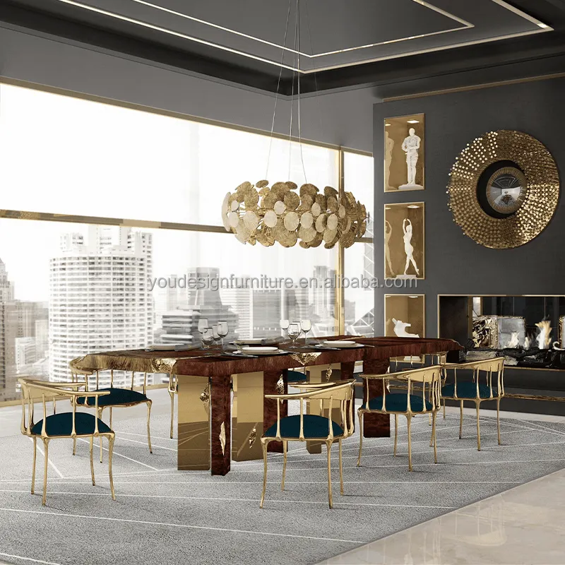 Juegos de mesa de comedor de diseño real superior de nogal diseño de estilo de lujo 14 plazas con patas de acero inoxidable dorado mesa de comedor
