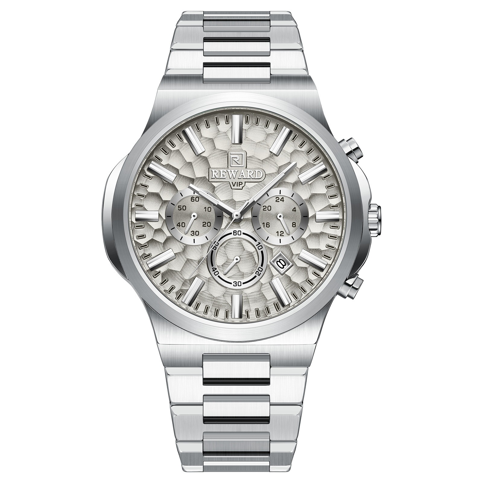 Silver case, light gray surface, silver band