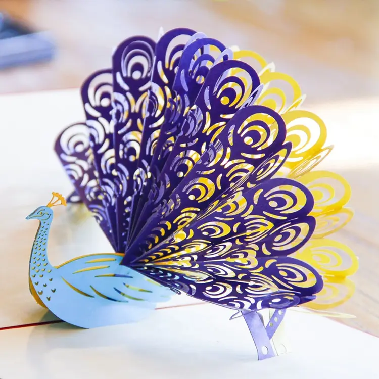 Ywbeyond Creative Handmade Laser Cut Custom Pop Up Cards 3D Greeting Cards Romantic Peacock Wedding Invitation Card