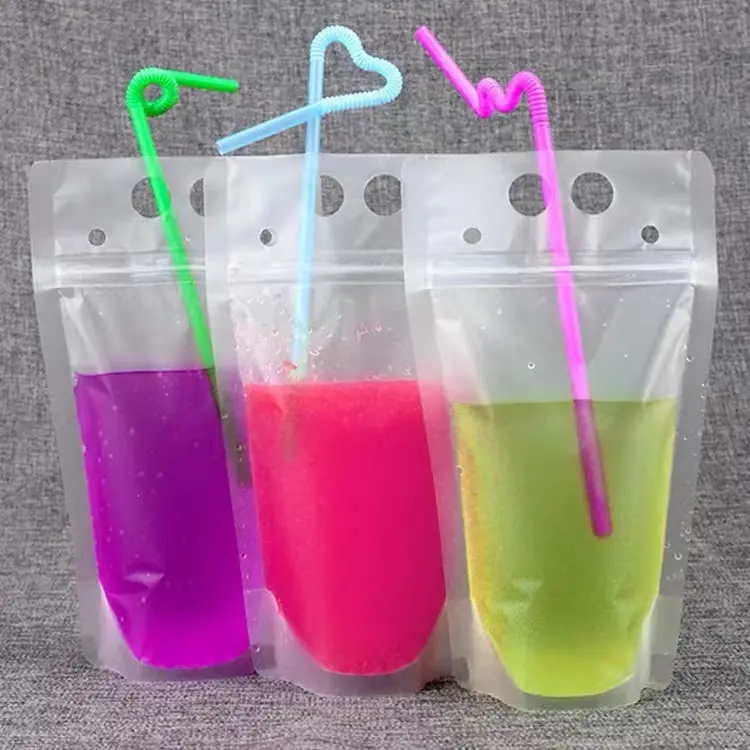 Sacs d'emballage de liquide à fermeture éclair réutilisables transparents sac de poche de jus de fruits en plastique pochette à boire avec trou de paille
