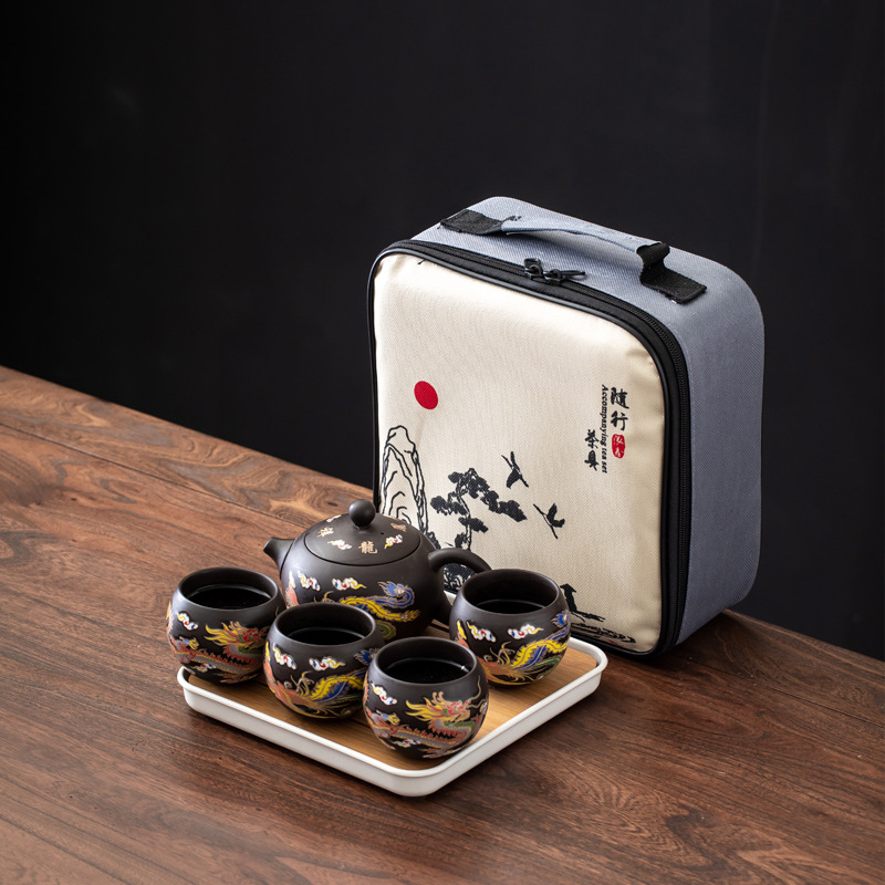 four cups + tea tray + bag