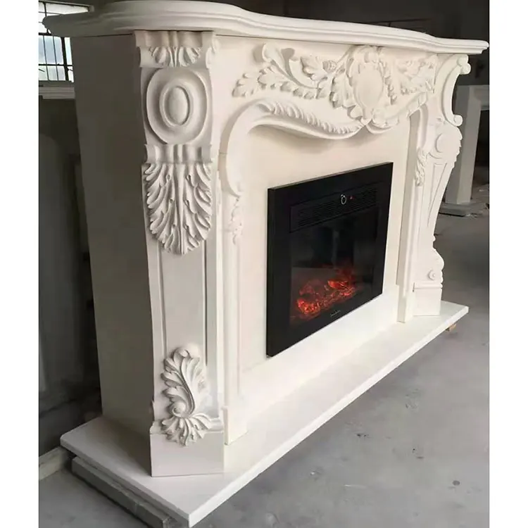 Chimenea de mármol tallado, piedra natural decorativa, mantel envolvente de mármol blanco