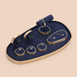 Jinsky Dark Blue Jewelry Display Set Golden Frame <strong>apple</strong> Shape Jewellery Stands Oval Shape Platform Displays for Counter showcase - Product Image 2