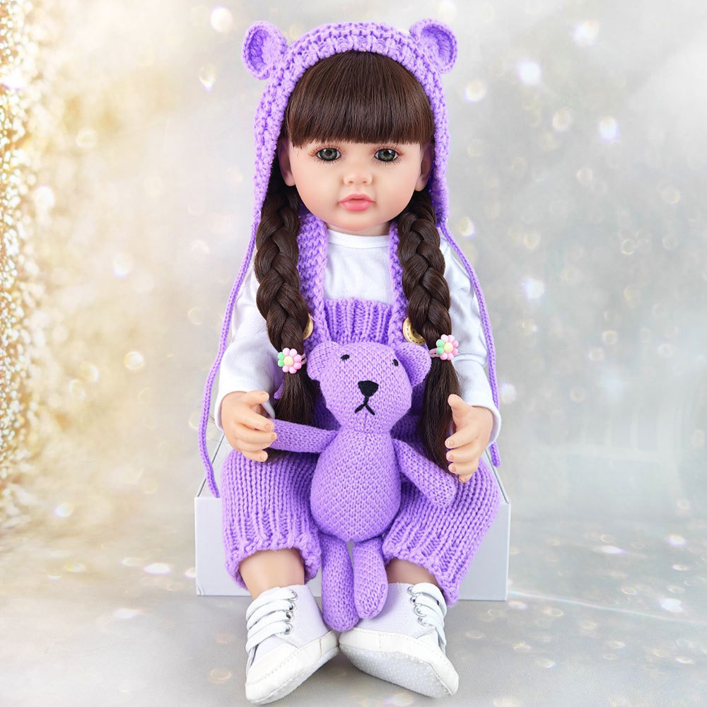 Bretelles violettes de 55 cm, jambes pliées, vêtements de poupée doodle