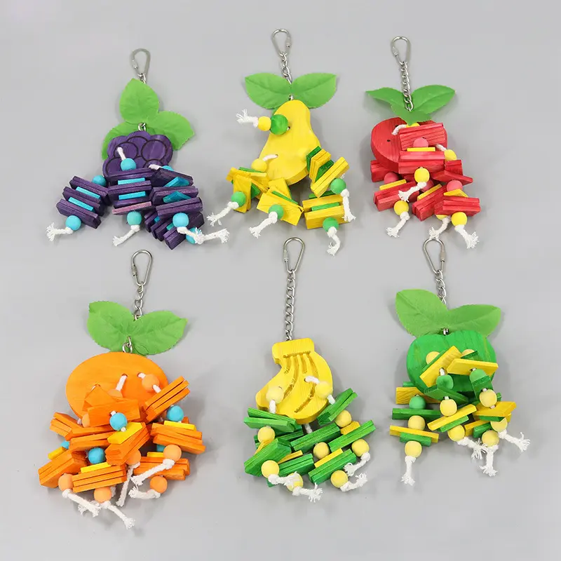 과일 사용자 정의 새 장난감 다채로운 나무 앵무새 장난감 도매 새 씹는 장난감