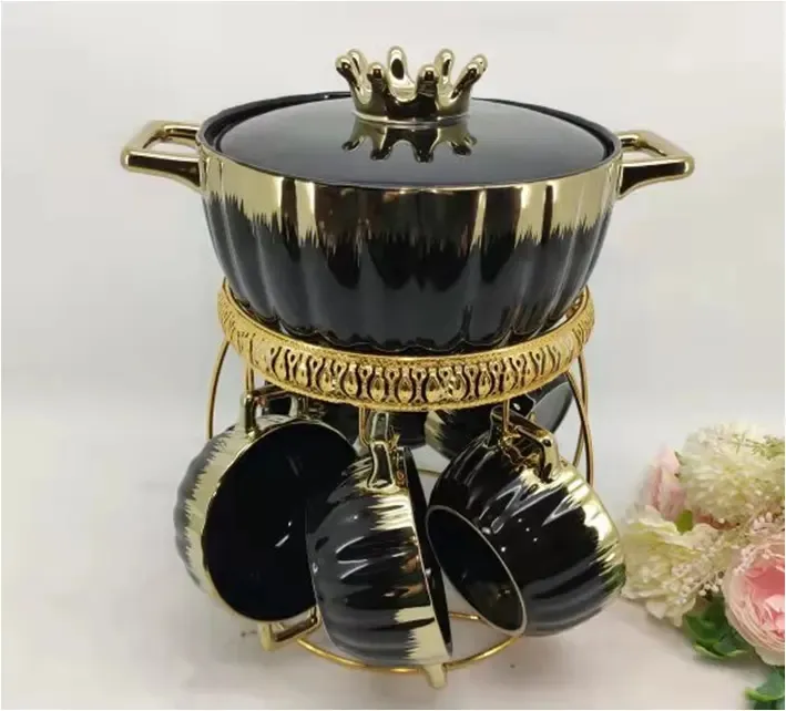 Grande capacidade luxo sopa tureen conjunto porcelana cerâmica sopa pote e coroa banhado a ouro tigela decorativa conjunto