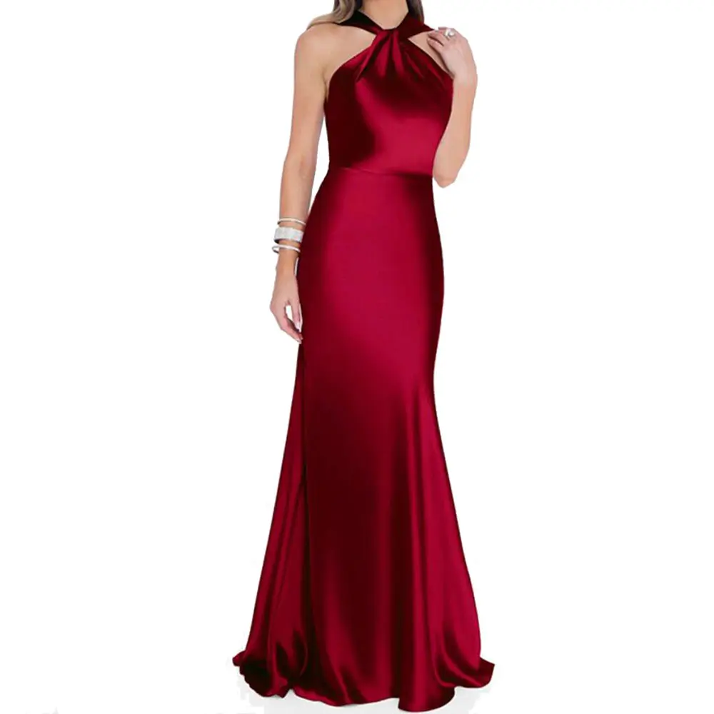 OEM personalizado sem mangas elegante preto vermelho cetim vestido de noite mulher vestido longo casamento vestido