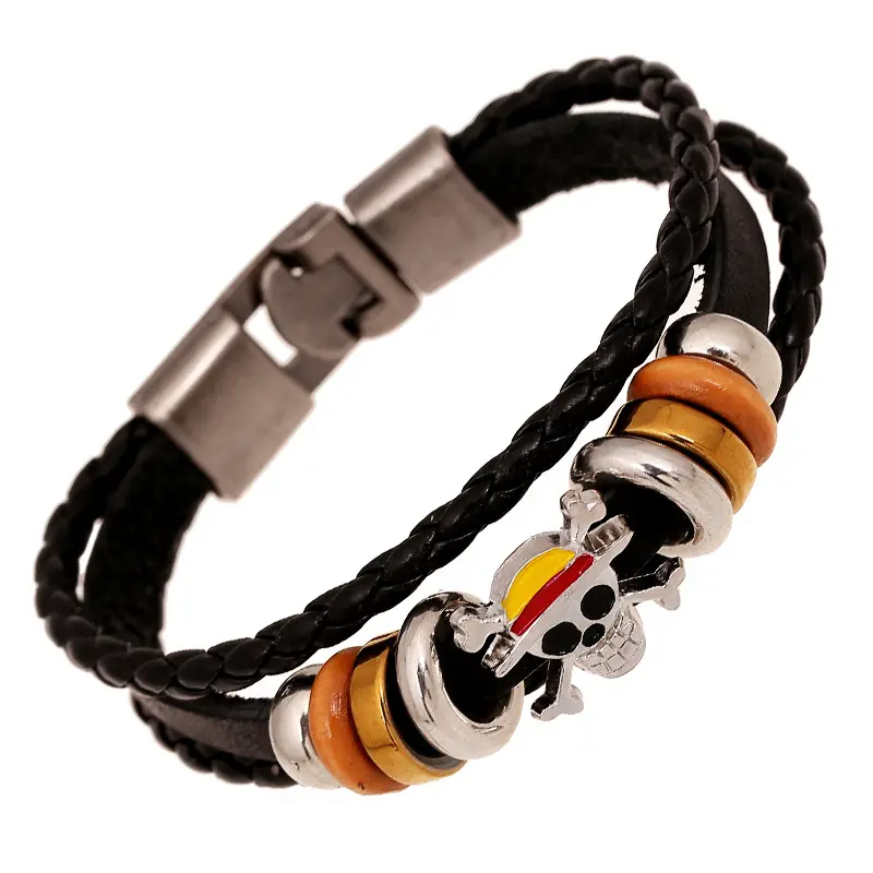 Braccialetto in pelle fantasma di un pezzo di Anime con teschio esagerato per bracciale Unisex in stile Punk con chiusura a scatto in metallo