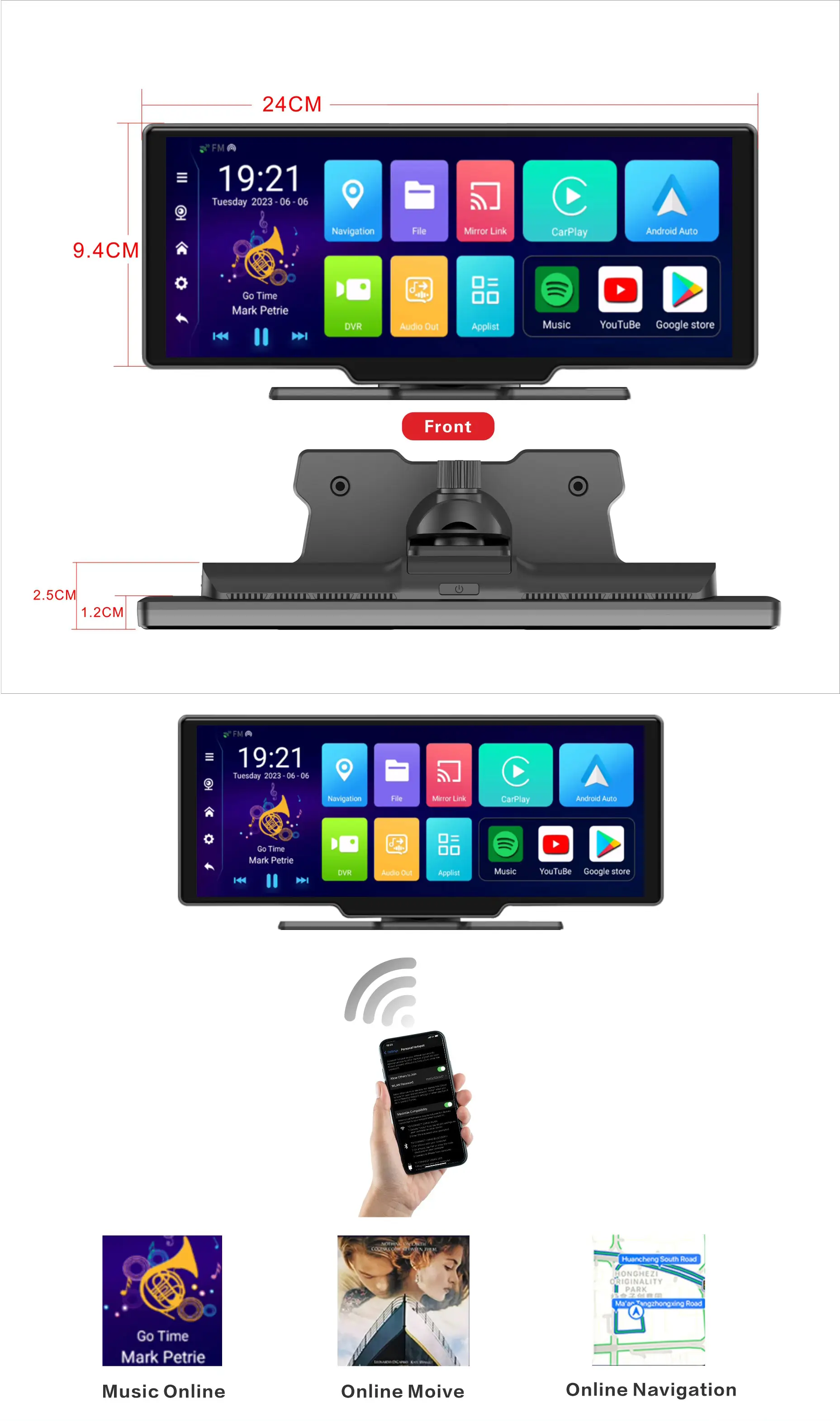 Pemutar media portabel 10.26 ", Android 12 portabel layar Carplay 4 + 64g/2 + 32g Gps Wifi Bt Radio Fm