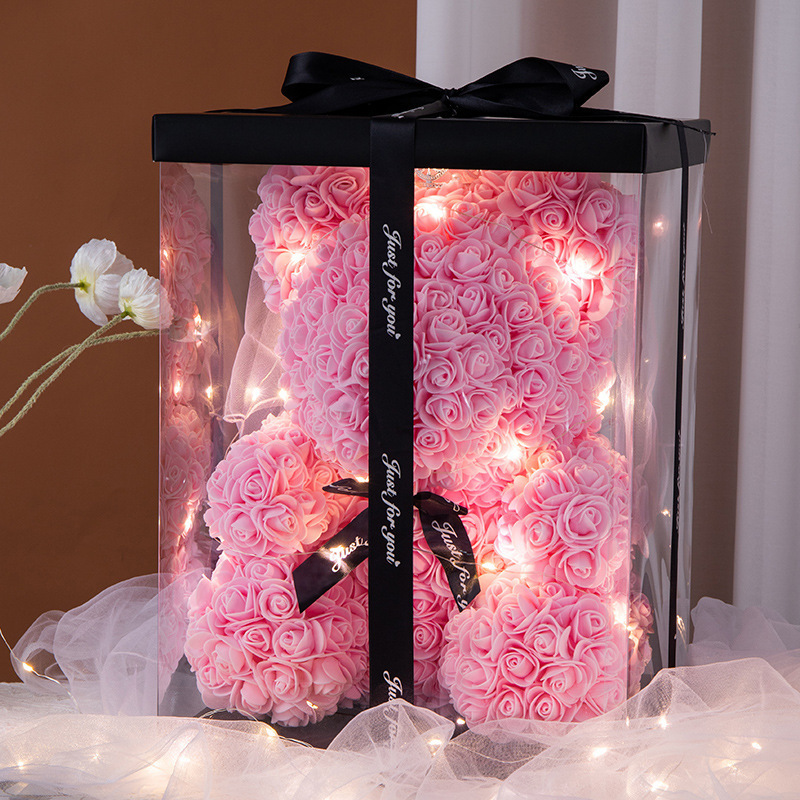 Boîte cadeau ours rose 40 cm avec 5 roses + Lampe