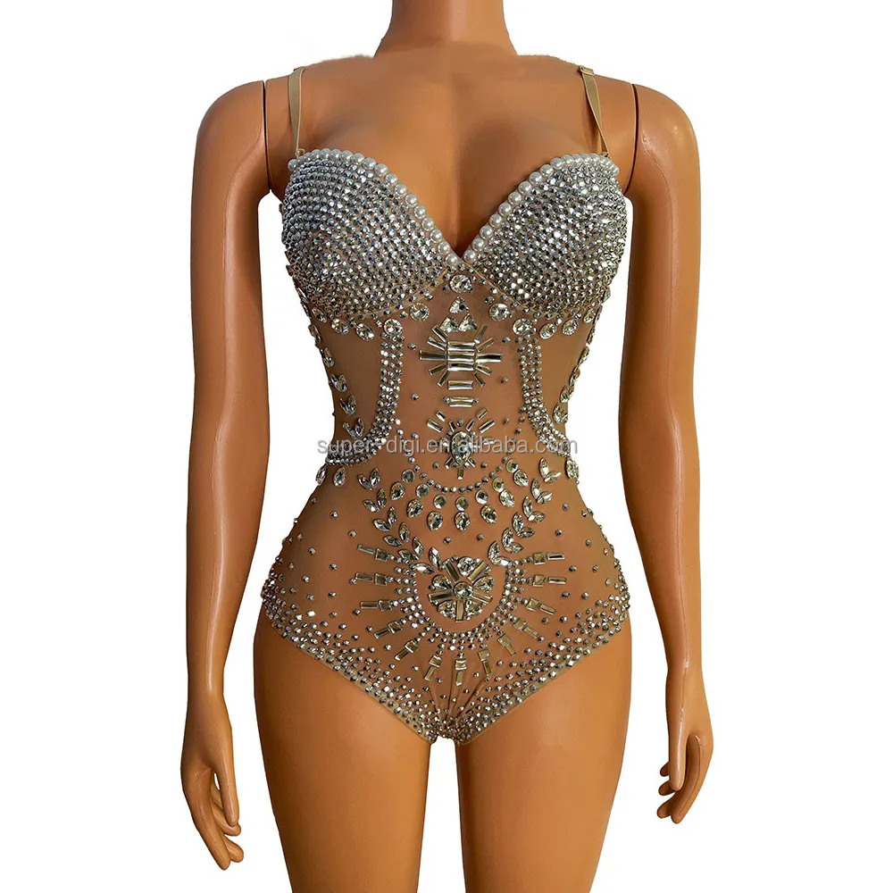 Dropshiping vestito da donna lucido strass paillettes tuta Performance Wear Sparkly body Dance Costume Stage