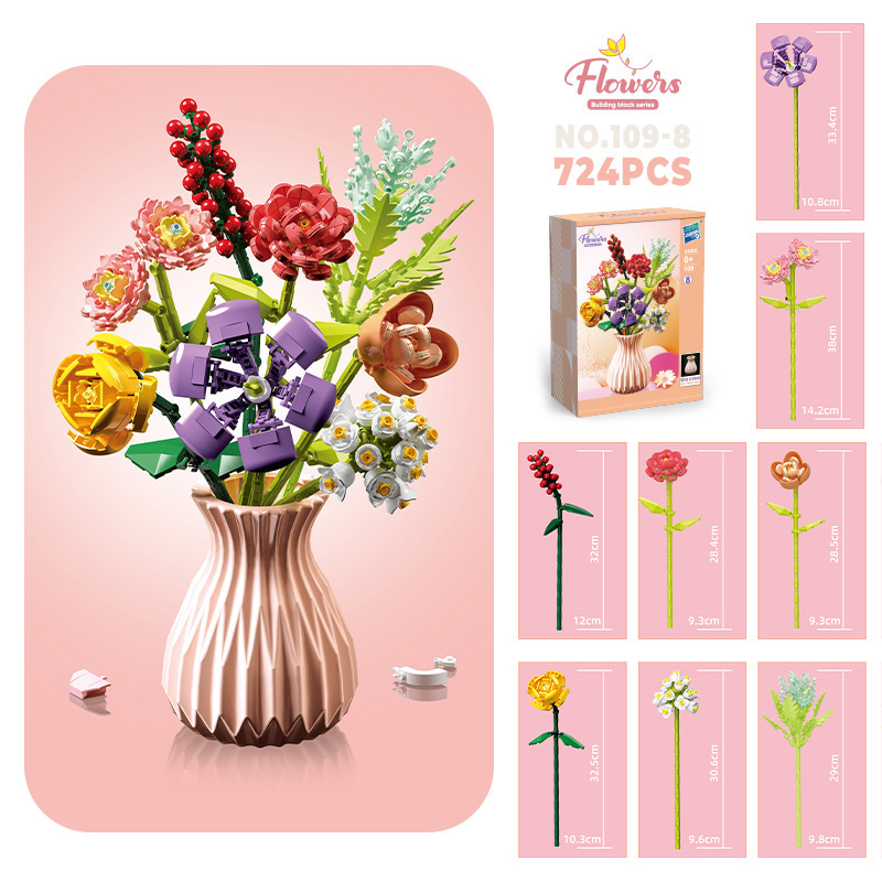 109-8 flores, 8 sets - envío de jarrón con color aleatorio, 1-724 piezas, 0.6 kg