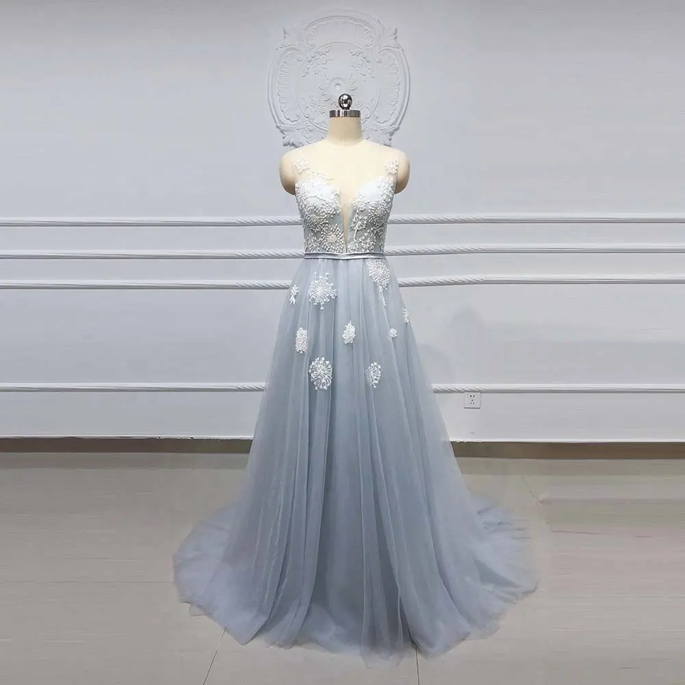 OEV-L4137 Elegant Tulle V neck Appliques Beaded Dandelion Pattern Lace evening Gown Light Blue Long Evening Dress