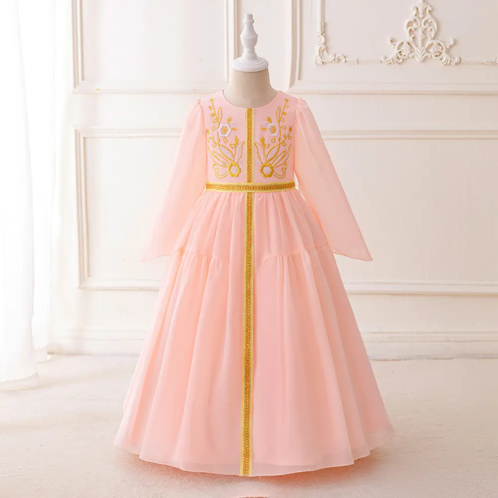 A maniche lunghe rosa con ricamo musulmano vestito da ragazza fiore alla moda abiti islamici per bambini compleanno matrimonio abito da ballo