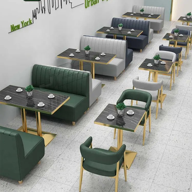 Diseño personalizado moderno café Banco asientos comida rápida restaurante mesas y sillas conjuntos cafetería muebles restaurante cabinas