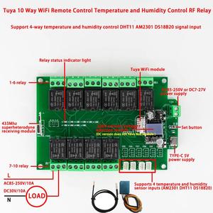 Tuya 10 canales WiFi Control remoto RF Relé Soporte 4 vías Control de temperatura y humedad DHT11 AM2301 DS18B20 Entrada de señal - Product Image 2