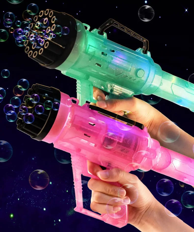 Offres Spéciales dessin animé extérieur 21 trous Gatling tireur pistolet à bulles ensemble Machine jouet souffleur à bulles jeu d'été jouets pour enfants garçons filles