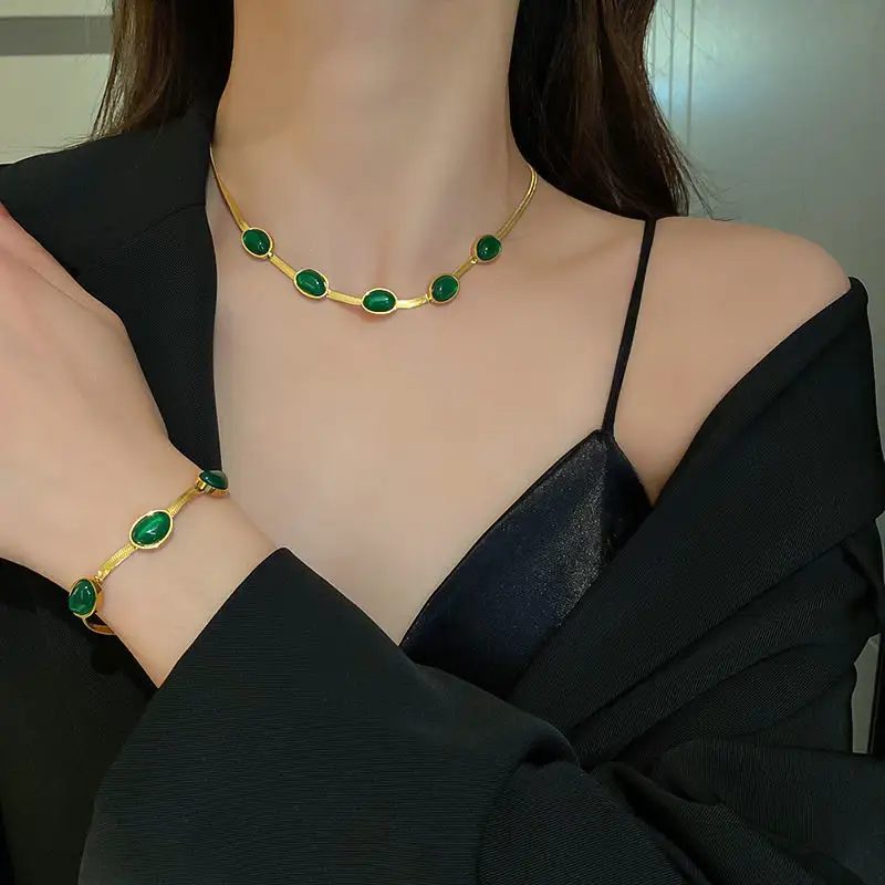 Collar verde esmeralda de alta calidad, conjuntos de collar de esmeralda de acero inoxidable, conjuntos de joyería fina