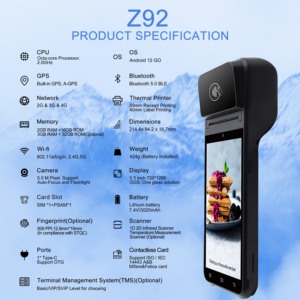Impresora térmica portátil Android POS Z92, dispositivo de punto de venta inteligente, inalámbrico, 4g, gprs, con gran batería, POS