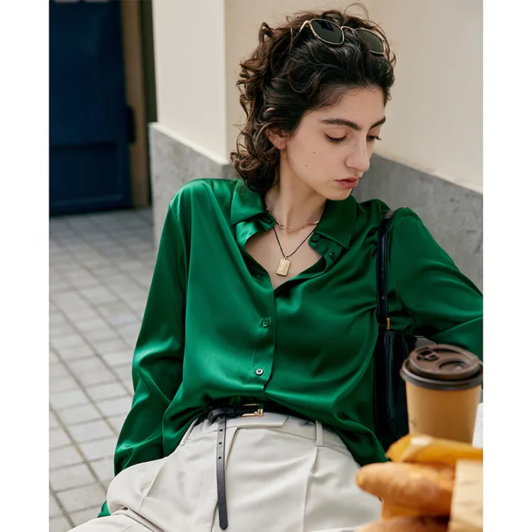 Blusa de seda feminina personalizada, blusa verde de seda para mulheres,vintage, brilhante, 100%, morango, seda, com botões