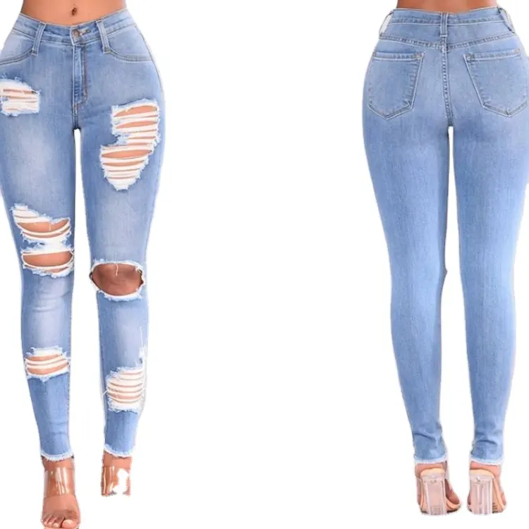 Jean Denim déchiré 3xl pour femme, pantalon classique, tendance, bleu uni, Skinny, vente en gros