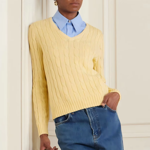 Pull côtelé en tricot torsadé décontracté pour femmes Pull en coton à manches longues pour l'hiver - Product Image 1