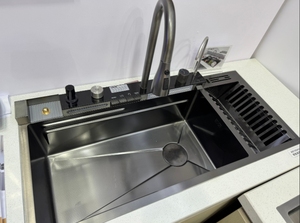 100厘米大防刮瀑布风格旋钮控制工作站水槽不锈钢手工厨房水槽带杯垫圈 - Product Image 4