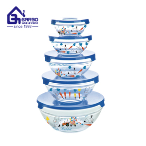 Nhà máy trực tiếp số lượng lớn giá 5 cái bát thủy tinh đặt Hot Bán 5 cái salad trộn bát với Bìa tùy chỉnh Decal rõ ràng bát thủy tinh đặt - Product Image 2