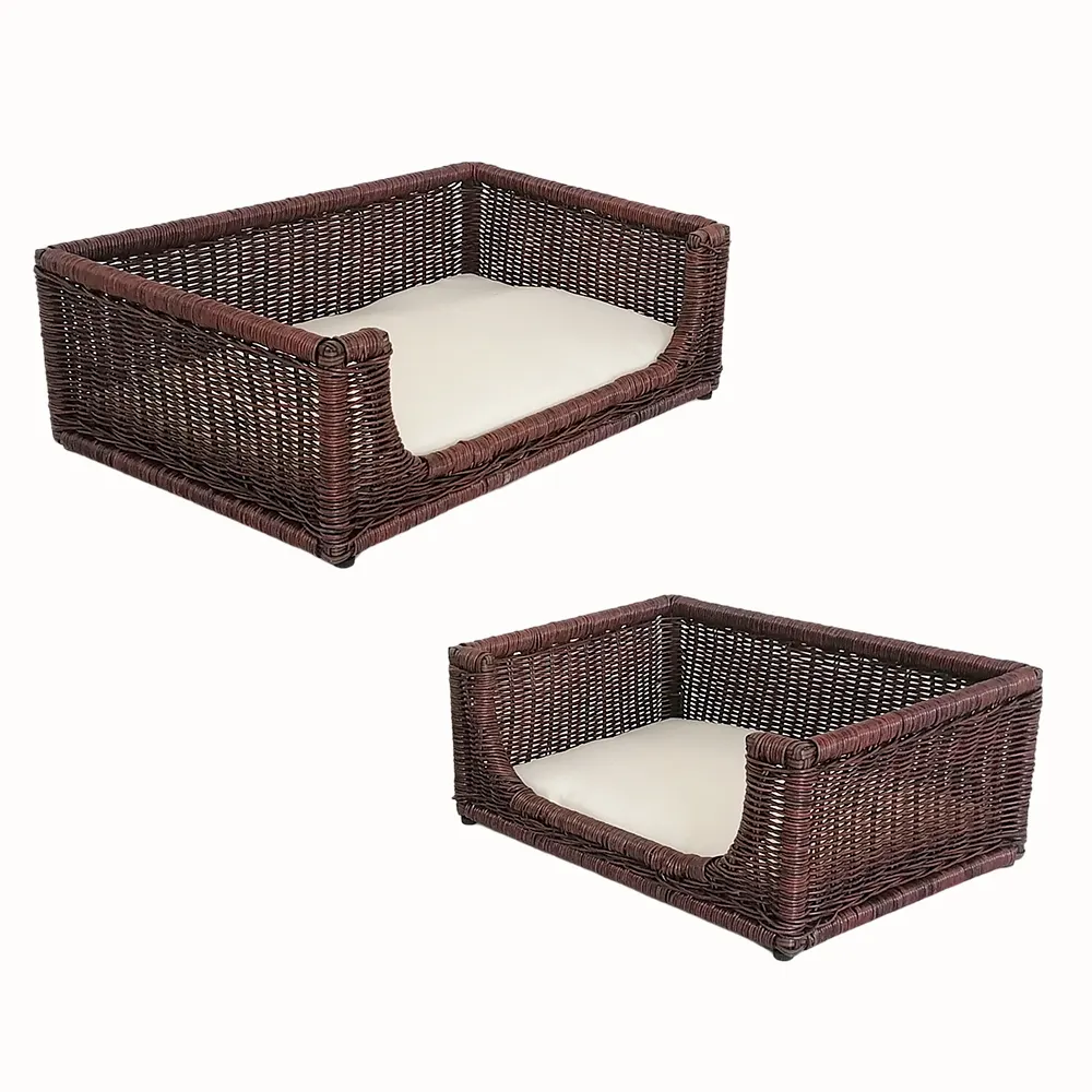 Juego de 2 suministros para mascotas, cama rectangular tejida a mano para perros y gatos de mimbre de plástico PE