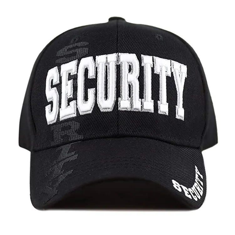 Security Guard Baseball Caps mit 3D-Stickerei Logo 100% Baumwolle Twill Schwarz Event Staff Hüte für die Sicherheit