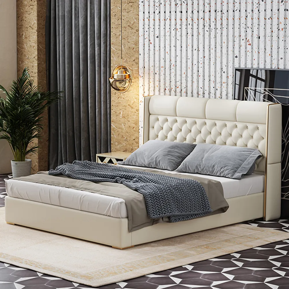 Marcos de cama de cuero italiano de lujo para adultos, cama individual de Metal Queen, tamaño King, sillas de plataforma tapizadas, juegos de dormitorio modernos, muebles
