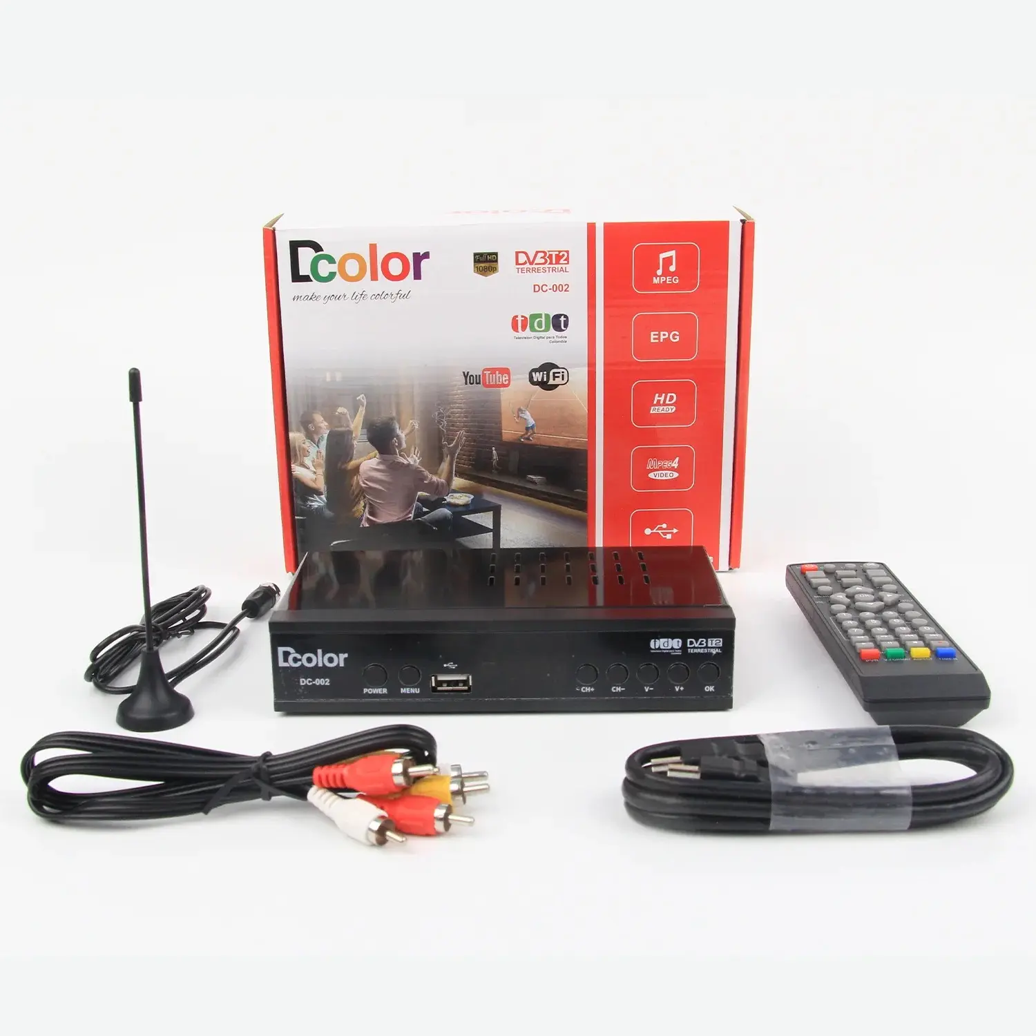 Junuo dvb t2 set-top box TDT decoder support free channels MPEG4 H.264 WIFI EPG TV receiver to Colombia Panama