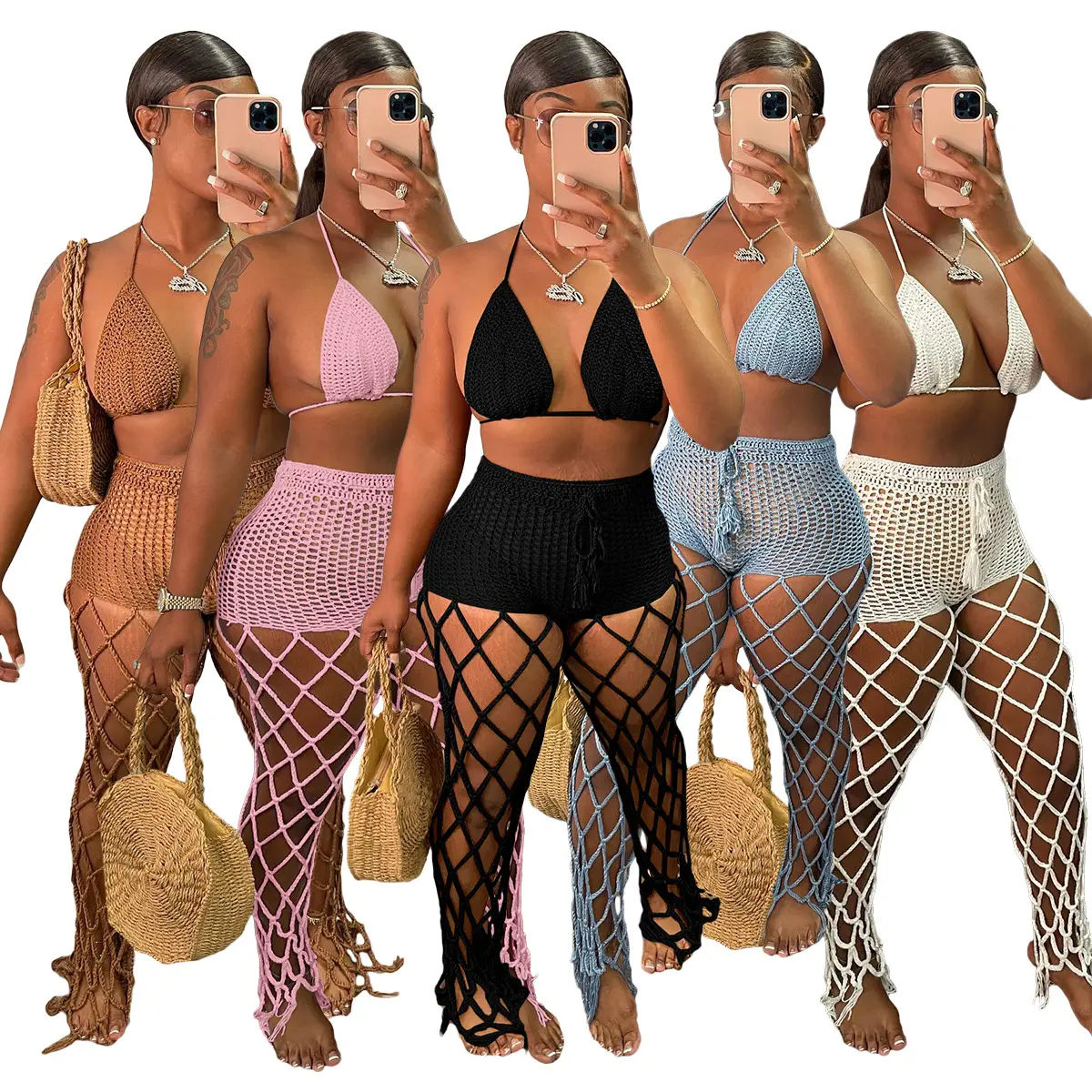 Nuovi arrivi Set di pantaloni all'uncinetto da donna Sexy bikini lavorati a maglia e costumi da bagno Set da 2 pezzi completi per le vacanze estive