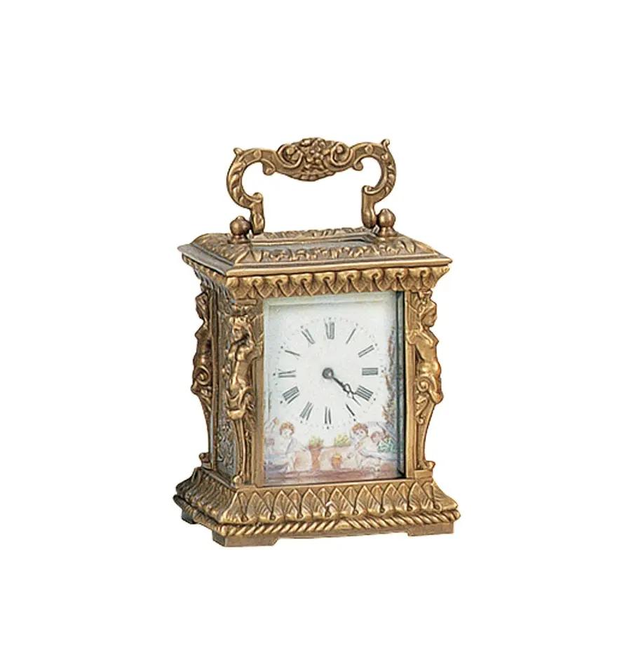 18. ° estilo francés pequeño antiguo dorado fino dedicado figura de latón con carcasa 8 días repetidor reloj de carro/reloj