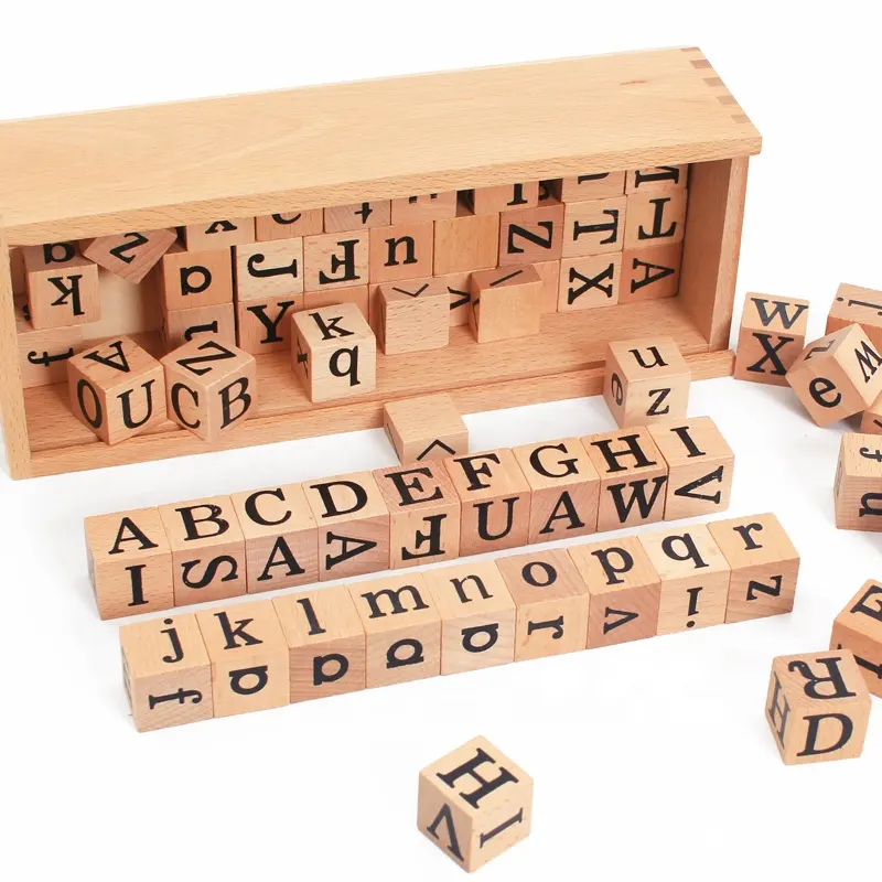 Mainan kayu Montessori, mainan pendidikan blok bangunan alfabet buatan tangan untuk anak-anak belajar