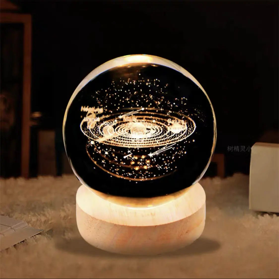Grabado láser creativo 3D imagen de vidrio regalo escultura recuerdo decoración del hogar Luna bola de cristal lámpara Led soporte de madera ornamento