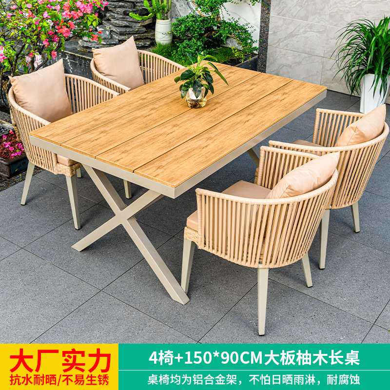 4 sillas + mesa larga de teca con tablero grande de 150 cm