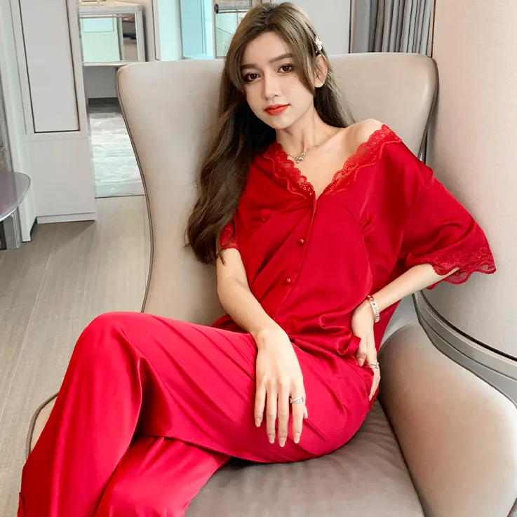 Pajamas Women's Summer Short-sleeved Trousers Silk Sexy Lace Home Clothes Pyjamas suit Sleepwear set