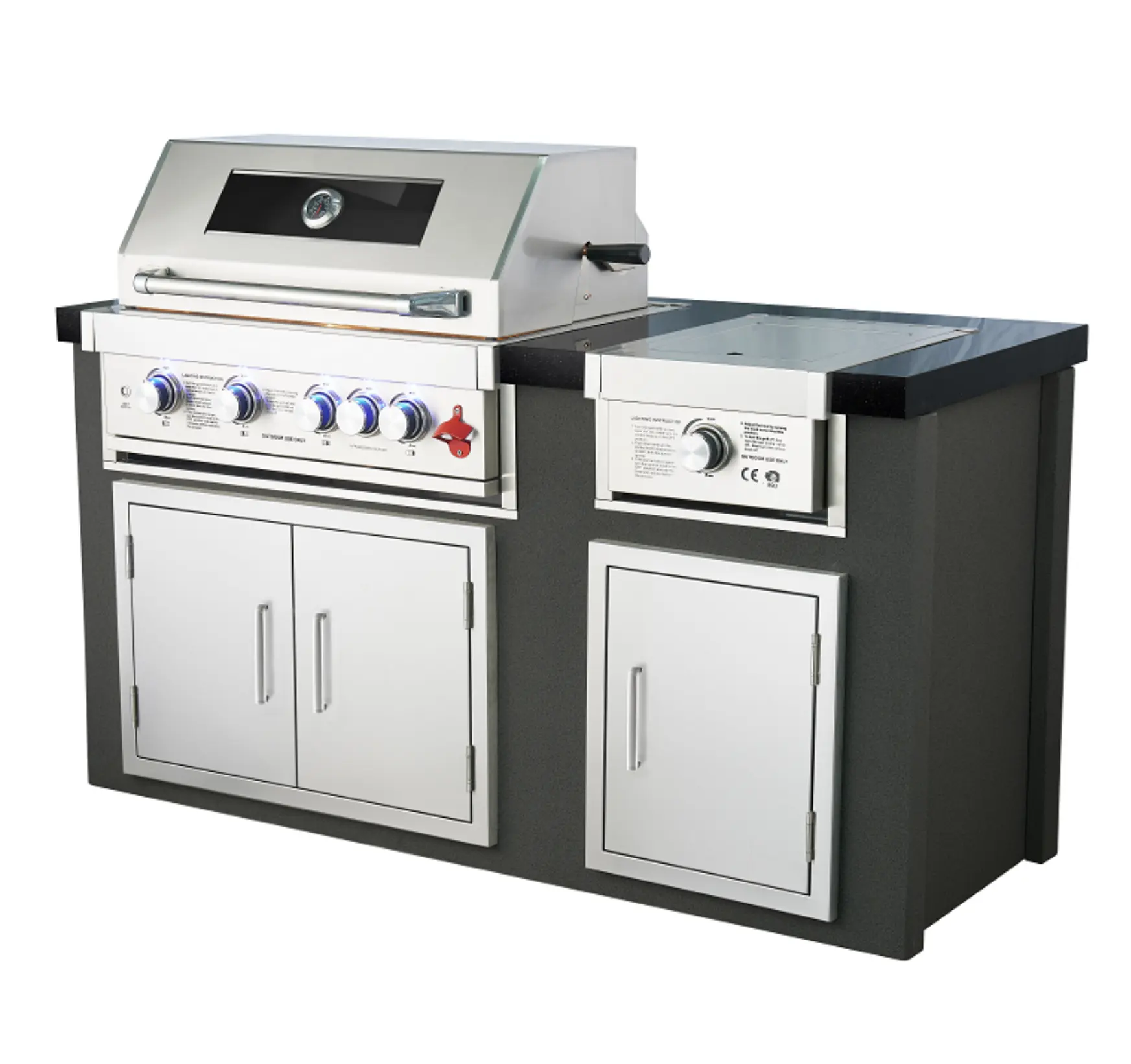 Controsoffitto da cucina in marmo con forno modulare con corpo fornelli, comprese porte singole e doppie per barbecue all'aperto