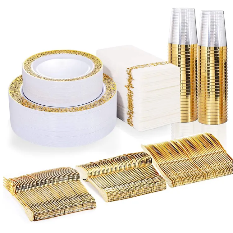 High Quality Gold Lace Wedding Birthday Party Disposable Plastic Plate Set with Cutlery Set