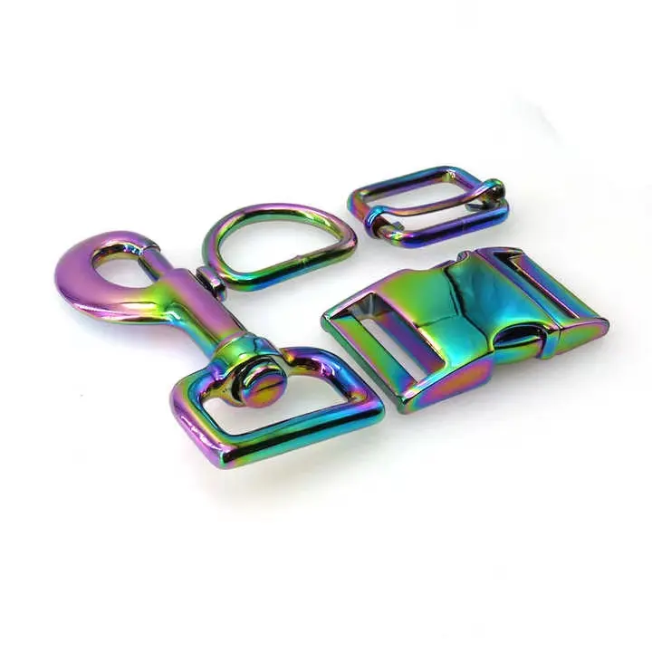 Acessórios de metal arco-íris para cachorro, 25mm, solta lateral, fivela de liberação, anel d, ganchos de cachorro