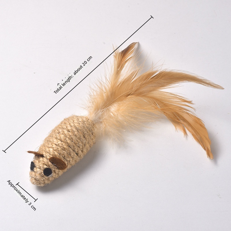Juguete para ratón de cuerda de yute con plumas beige