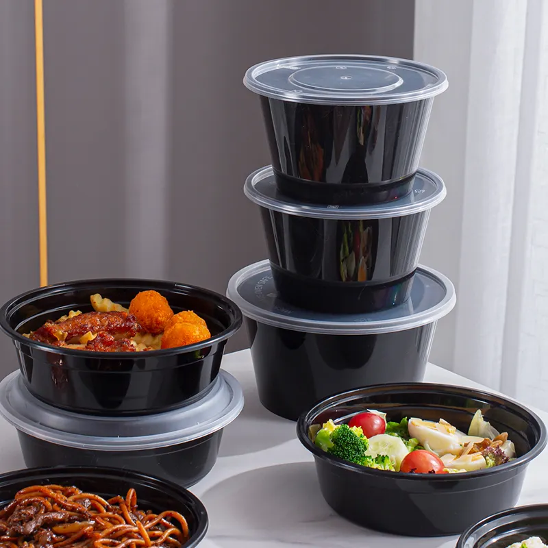 Sıcak satış üreticisi siyah dikdörtgen yuvarlak plastik öğle yemeği kutuları tek kullanımlık plastik paket gıda kapları