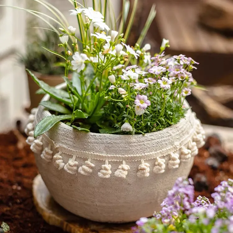 Vaso de flores de cimento branco para casa, vaso de flores decorativo interior personalizável estilo boêmio rústico criativo