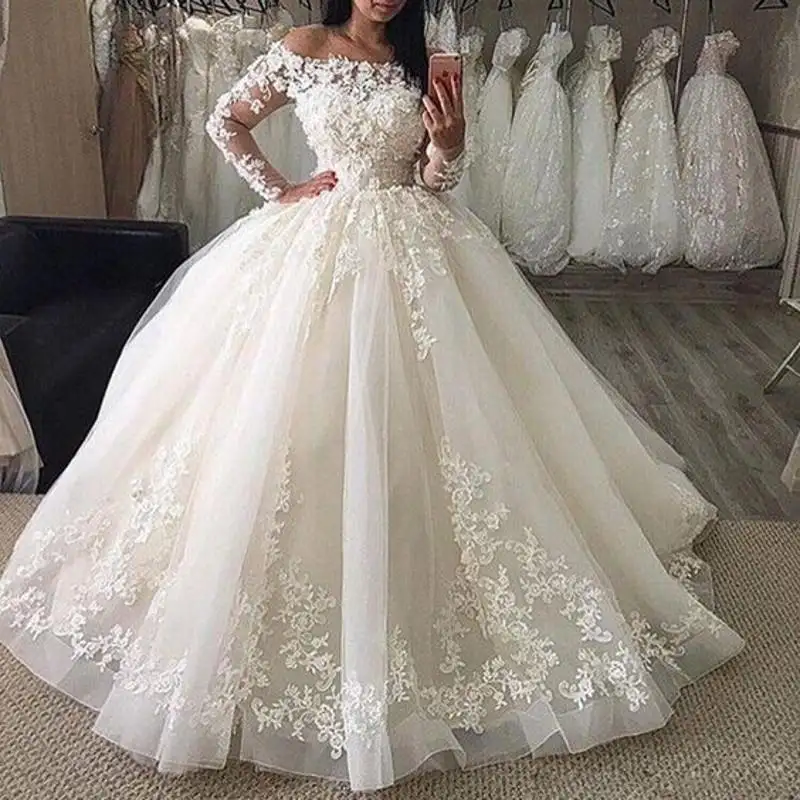Árabe de encaje vestido de boda de la princesa vestidos de tul apliques vestidos de novia manga larga Plus tamaño vestidos de novia