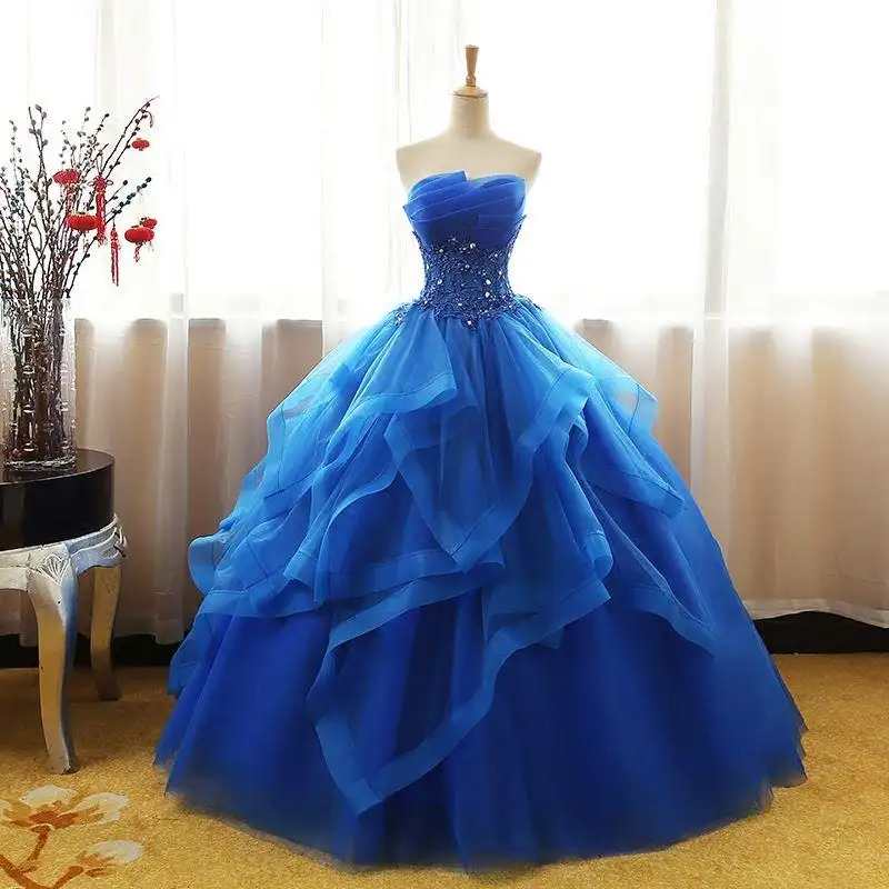 Azul Quinceanera Vestidos 2023 Festa Prom Elegante Strapless Ball Gown 6 Cores Vestido Baile Formal Tamanho Personalizado