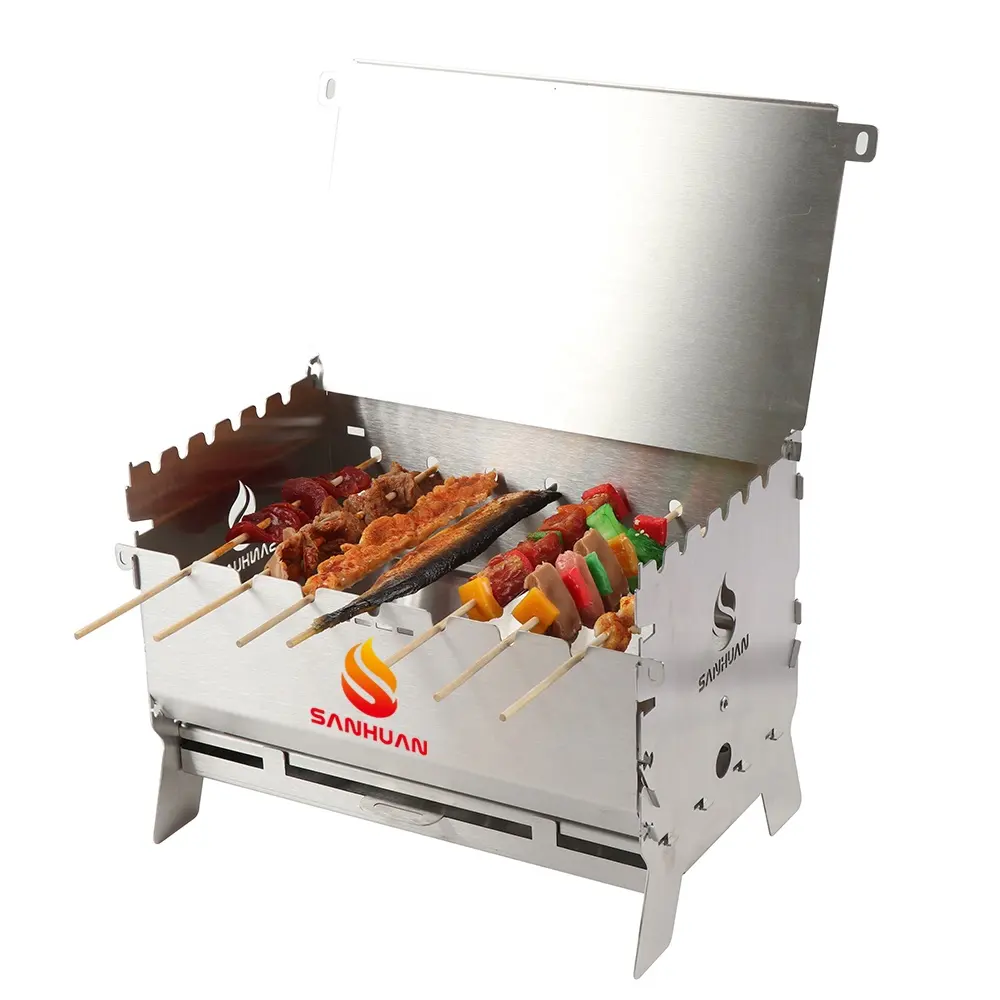 Sanhuan Edelstahl BBQ Grill Gas Tragbarer Grill Gas Holzkohle Camping BBQ